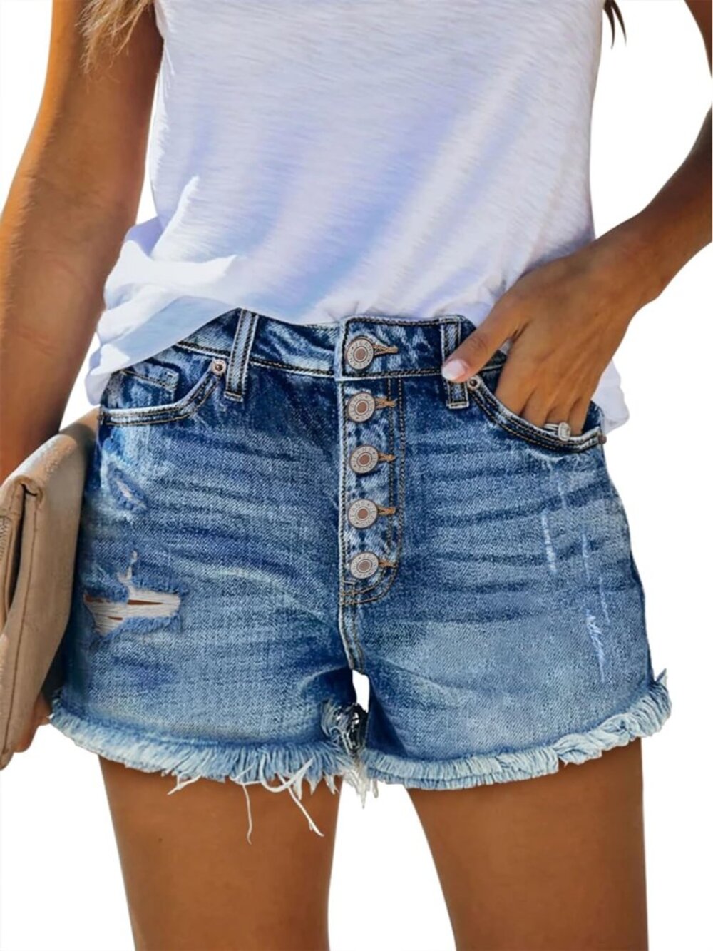 Women's Light Blue High Waisted Denim Stretchy Ripped with Pocket Jean Shorts